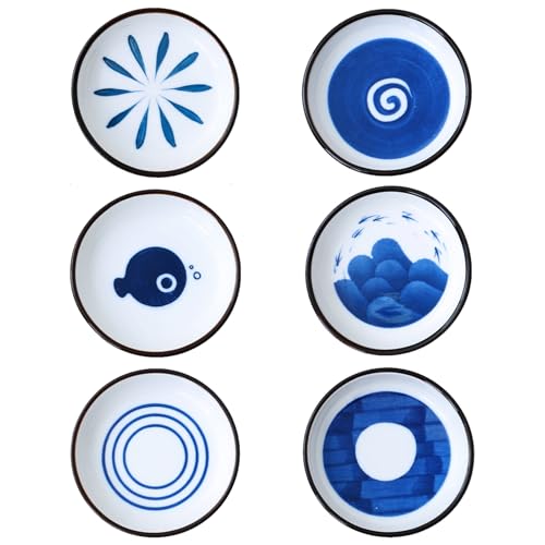 Wisebom Ceramic Sauce Dish Set, 6Pcs Sushi Soy Sauce Dishes Round Saucers Dipping Bowls, Small Plates Dessert Dish Snack Bowls for Soy Sauce Seasoning Appetisers (Japanese Style)