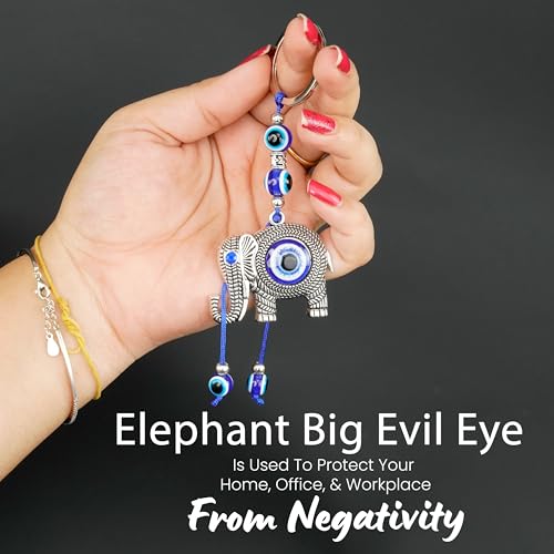 Image of Storite Evil Eye with Feather Keychain, Elephant Style, Blue Silver