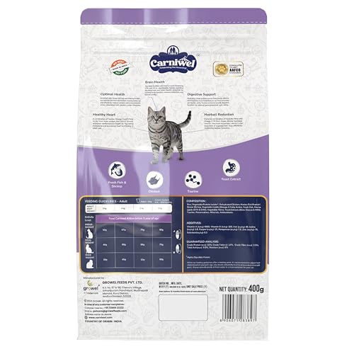 Image of Carniwel Fresh Fish & Shrimp Adult Dry Cat Food 400 gm | Fresh & Natural Ingredients | Highly Palatable | Supports Healthy Skin & Glossy Coat | Premium Nutrition for Cats