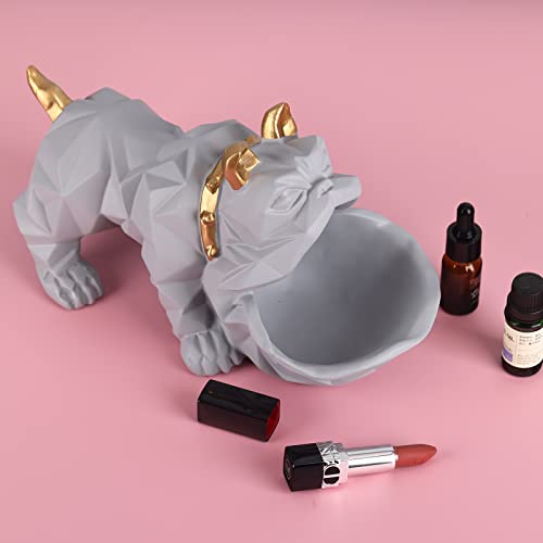 Resin Geometric Bulldog Statue Entryway Cabinet Key Statue Tray Candy Bowls Ornament Geometric Bulldog Craft Suitable For Modern Art Home Decor Dining Table Office Small Object Storage Tray (Grey) #TOP6