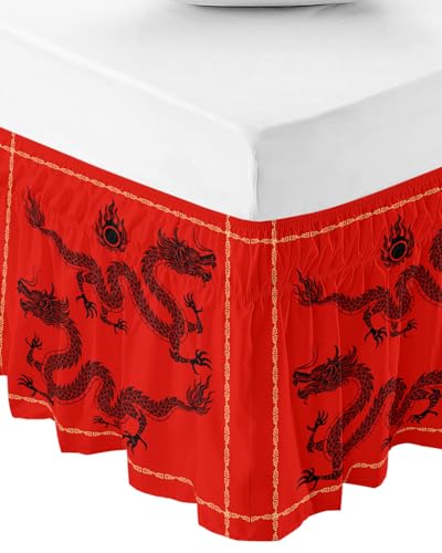 Traditional Dragon Bed Skirt Queen Size 16 Inch Drop, Adjustable Elastic Wrap Around Bed Skirts Pleated Bed Ruffles Bedskirt Valance for Bedroom Hotel Oriental Chinese Red Gold Black