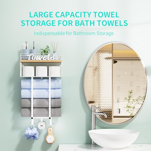 HapiRm Towel Racks Bathroom Storage - Wall Mounted Towel Holder with Metal Storage Basket and Wood Shelf, Rolled Towel Organizer with 3 Hooks for Small Bathroom (White)