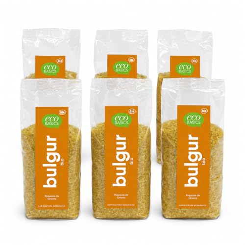Pack 6 Bulgur EcoBasics Bio 500 g, 3 kg total, trigo ecológico precocido y partido, fuente de fibra, vegano, ideal para tabulé, ensaladas, guarniciones y bowls.