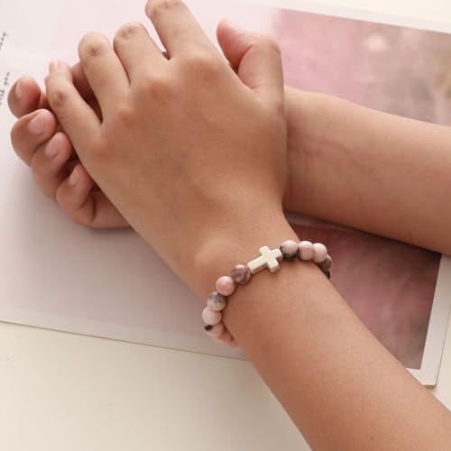 Image of Cross Bracelets for Women, Christian Gifts for Women Stocking Stuffers for Teens Cross Bracelet Imperial Nature Stone Bead Bracelet Confirmation Baptism Gift for Teen Girls Christmas Religious Gift Cathlic Faith Jewelry
