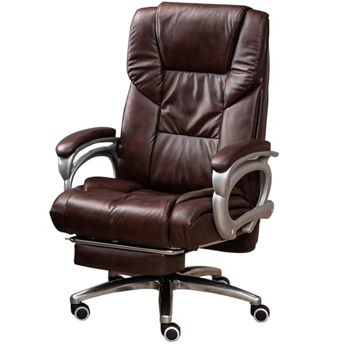 Genuine Leather Office Chair, Comfort Executive Computer Chair Ergonomic Swivel Task Chair with Adjustable Back and Footrest for Heavy People,Coffee-One Size
