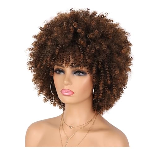 YUHANXINHESHE 70s Afro Wig dla kobiet, naturalny wygląd syntetyczny kręcone włosy z grzywką do codziennego użytku zwiększa objętość włosów (4PT30)