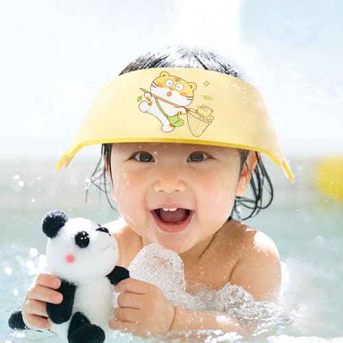 Image of Baby Shower Cap Shield, Soft Adjustable Kids Bath Visor Hat Shampoo Washing Hair Protection Cartoon for Toddler children (Yellow Tiger)