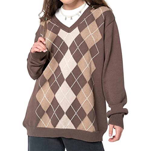 Y2K Pull en tricot à carreaux surdimensionné pour femme avec col en V et motif losanges, marron, Taille M Cover