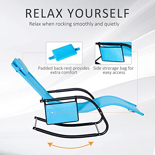 Outsunny Outdoor Rocking Chair, Chaise Lounge Pool Chair For Sun Tanning, Sunbathing, A Rocker With Side Pocket, Armrests & Pillow For Patio, Lawn, Beach, Blue #TOP5
