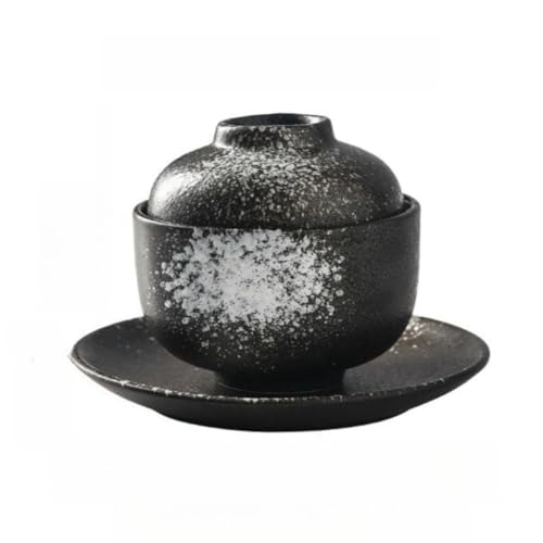 Livmorx 蒸し碗 陶器 茶碗蒸し碗 ほんわか和風陶の茶碗蒸しちゃわんむし器 和食器 蓋付き スープカップ デザートカップ スープ茶碗 使いやすい 電子レンジ 食器洗浄機対応 調理用品家庭用 (ブラック,300ml)