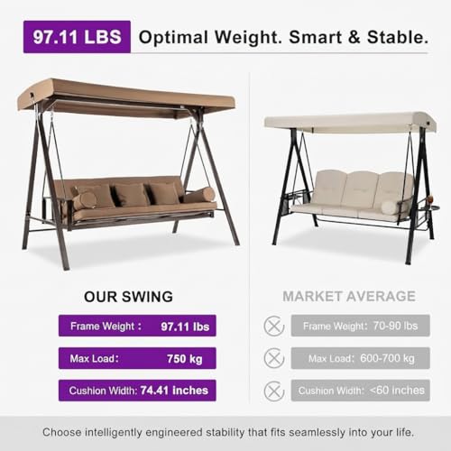 Image of PURPLE LEAF Outdoor Patio Porch Swing Adjustable Backrest with Canopy 3-Seat Convertible Swing Bed Chair with Stand Heavy Duty for Adults, Backyard Porch Lawn, Cushion and Pillows Included Beige