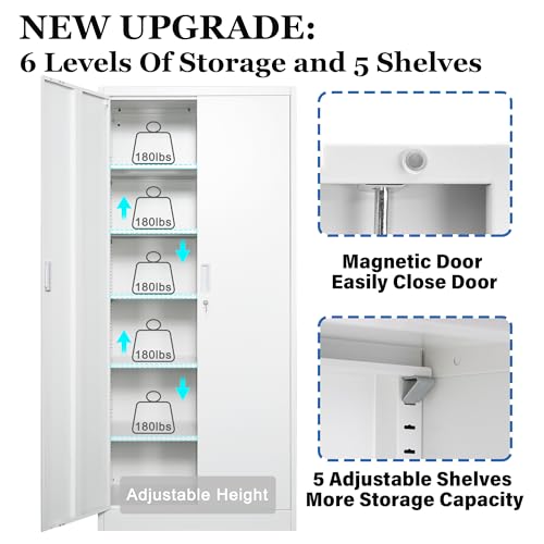 Steel SnapIt Cabinet, 71 Inch Metal Storage Cabinet with Locking Doors and 5 Adjustable Shelves, Garage Cabinet, Tool Cabinets for Office and Home Use (White)