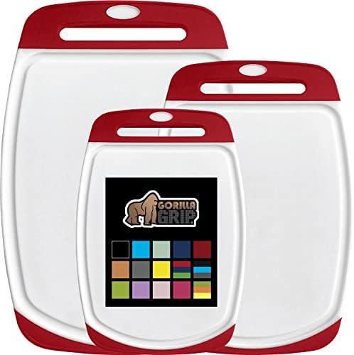 Gorilla Grip Durable Kitchen Cutting Board Set of 3, BPA Free, Large Dishwasher Safe Reversible Plastic Boards, Nonslip Handle and Border, Deep Grooves, Chopping Food, Baking Cooking Meat, Red