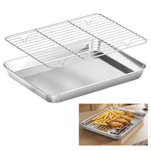Rettangolare in Acciaio Inox, Teglia da Forno Con Griglia di Raffreddamento, Teglia Piccola Per Torte e Arrostire, 26,5x20,5x2,5cm, Inossidabile Gratella per Cuocere