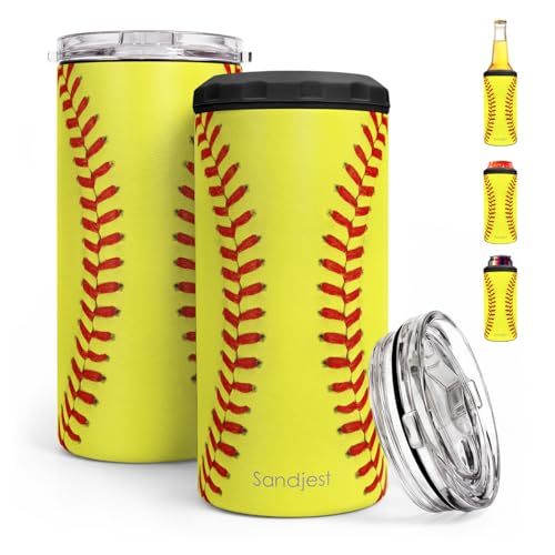 Image of Softball Can Cooler 12oz - Travel Mug Cups - Stainless Steel Insulated for Men Women Players - Tumbler Cans Koozie, Sport Gift for Fan Coach Lovers