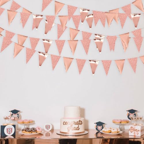 Image of 30Ft Rose Gold Party Decoration Rose Pink Triangle Pennant Banner Blush Pink Hanging Paper Flag Bunting for Graduation Wedding Bridal Shower Birthday Bachelorette Engagement Anniversary Party Supplies