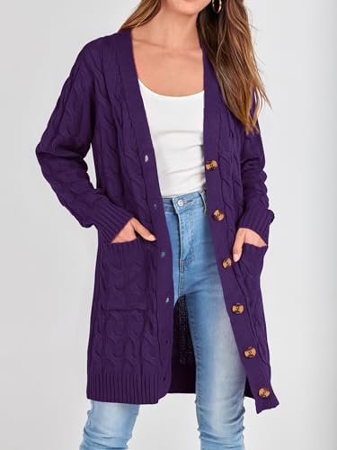 Image of PRETTYGARDEN Long Sleeve Cable Knit Long Cardigan for Women 2026 Spring Winter Chunky Open Front Button Sweaters with Pockets