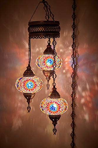 Demmex Turkish Moroccan Mosaic Hardwired Or Swag Wall Plug In Chandelier Light Ceiling Hanging Lamp Pendant Fixture (3 X 6.5 Globes - Swag) #TOP4