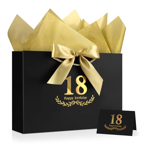 Image of JMANNI Black Gold 18th Birthday Gift Bag with Card and Tissue Paper, 14.2 inchx9.84 inchx4.3 inch Large Present Bag for Adults, 18 Year Old Birthday Keepsake Party Supplies