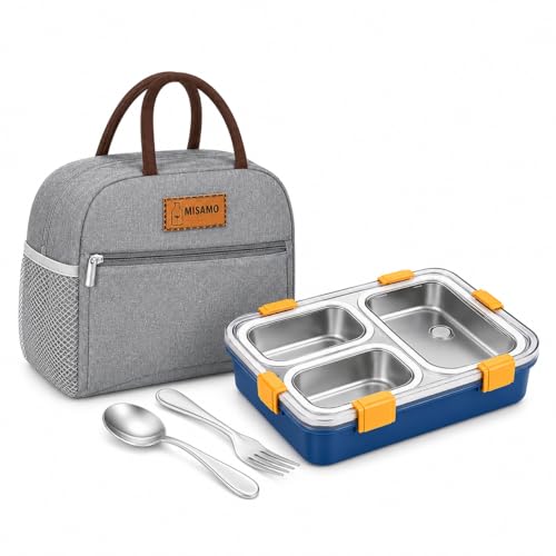 Image of Misamo Enterprise Lunch Box with Insulated Lunch Bag Combo, 3 Compartment Stainless Steel Lunch Box with Spoon & Fork, Leak Proof Food Container for School, Office & Travel (Grey Bag+Blue Lunch Box)