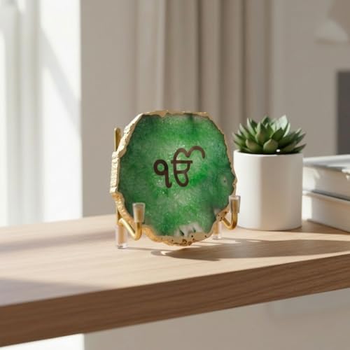 Image of Ik Onkar Metal Holder with Green Agate Showpiece | Spiritual Home Decor | Sacred Symbol Display | Green Stone Accent | Meditation Space Decoration | Meaningful Gift Choice