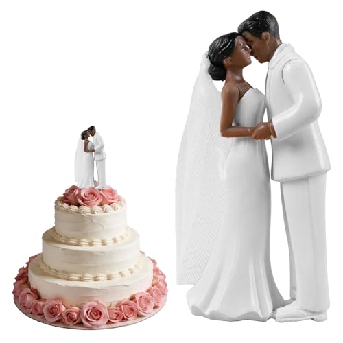 4.5" Wedding Bride and Groom Cake Topper, Romantic Vintage Couple Figurine for Wedding Cake, Engagement, Anniversary Party Decoration, Elegant Love Theme Decor (White Suit)