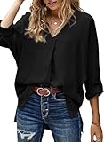 Dokotoo Womens Ladies Summer Casual Office V Neck Chiffon Cuffed 3/4 Sleeve Solid Tunic Tops and Blouses for Work Loose Fitting Shirts for Women 2025 Black US 12 14
