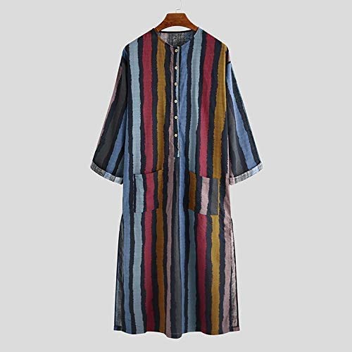FIOMVA Men's Muslim Dresses Long Sleeve Striped Henley Shirts Kaftan Muslim Long Gown Thobe Robe for Men2