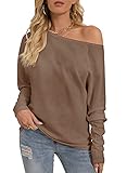 Pullover Damen Schulterfrei Oberteile Off Shoulder Shirts Casual Sweatshirt Fledermausärmel Langarm Shirts(Khaki,S)