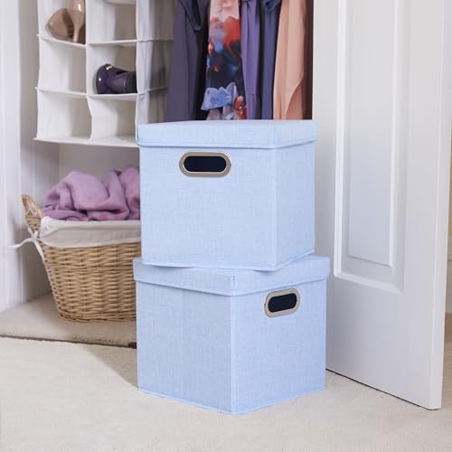 Image of Household Essentials 816-1 Cafe Cube Bin Storage Set with Lids and Handles | 16 Pack, Baby Blue Linen