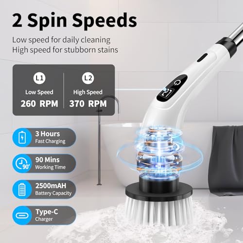 Image of GOXAWEE Electric Spin Scrubber, Cordless Cleaning Brush with 8 Replaceable Brush Heads, Power Shower Scrubber with Long Handle for Bathroom, Tub, Tile, Floor (White)