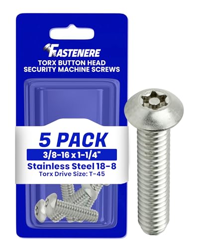 Fastenere Torx Security Machine Screws, 3/8-16 x 1-1/4" Stainless Steel, Tamper-Resistant Button Head Electrical Outlet Screws for Wall Plates, Panels, Fixtures, Covers & Metal Enclosures, (5 Pack)