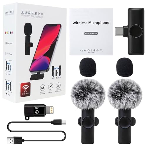 HEKUTU New Black Wireless Microphone Compatible with iPhon-e iPad for Android Phone, 2 Pack Wireless Lavalier Lapel Mic with Noise Reduction for Video Recording Interview Podcast