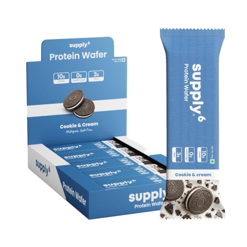 Image of SUPPLY6 Protein Wafer Bars | Cookie & Cream Flavor | Pack of 10 | Multigrain Crunchy Wafer | Vegetarian | 10g Protein | 3g Fiber | No Added Sugar | Pea Protein Based | 400 G