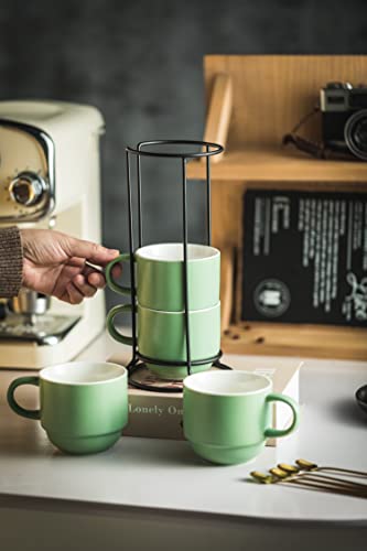 Yhosseun 11 Oz Coffee Mugs With Rack And Metal Spoon - Porcelain Coffee Cups With Stand For Espresso, Latte, Cappuccino - Ceramic Tea Cup Demitasse Cups Set Of 4 For Coffee Time, Green #TOP5