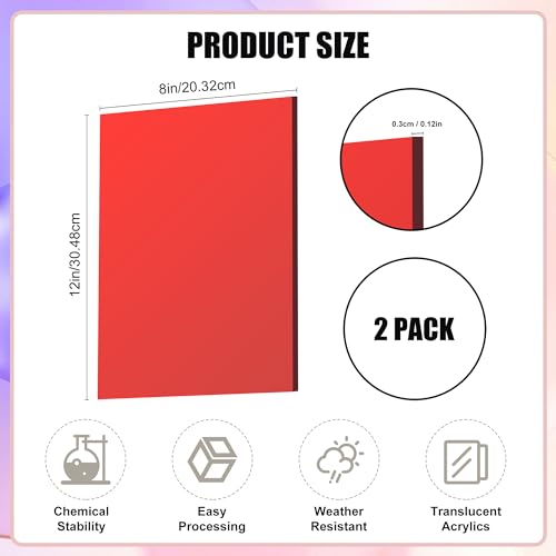 Image of Lesnlok Red Acrylic Sheets 1 /8 inch Thick 3mm 2 Pack 8 x 12 Transparent Plexiglass Sheets,for Sign,Craft,Painting,Laser Cutting,DIY Display Projects (8 inchx 12 inch, Red, 2)