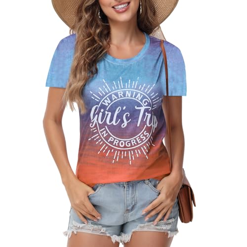 Image of Women's Casual Warning Girls Trip in Progress T-Shirt Casual Crewneck Short Sleeve Graphic Tee