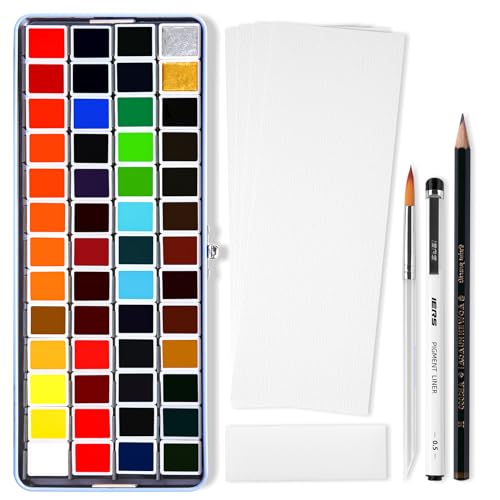 MeiLiang Watercolor Paint Set 52 Colors in Half Pans with Drawing Pencil, Paint Brushes, 5 Watercolor Paper, Sponge, Black Drawing Pens, Art Supplies for Adults Travel Watercolor & Blue Box