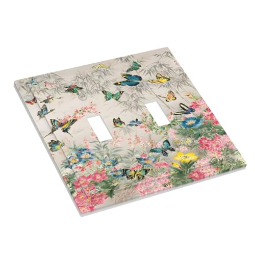 Decorative Switch Covers Plate Boho Wildflowers Butterfly Rustic Blue Pink Flowers 2 Gang Wall Plate Oversized Double Toggle Light Switch Plate Wall Cover Plate Faceplate for Home Decor