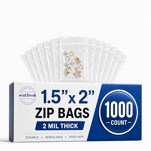 Seal Fresh 1.5 x 2 Inch Resealable Plastic Bags 1000 Pack — Clear Reclosable Mini Bags with Zipper Seal for Jewelry, Beads, Small Parts, Crafts, Hardware