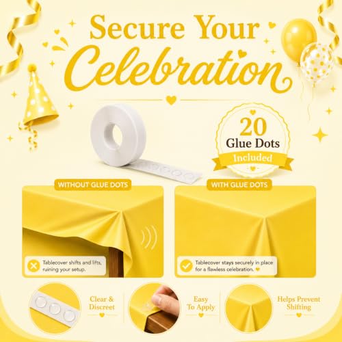 Image of Blue Orchards Yellow Plastic Table Cover (Pack of 3 with 20 Glue dots) - 54 inch x 108 inch - Bright Yellow Waterproof Disposable Tablecloth Decoration, Birthday, Baby Shower, Party Supplies, Wedding