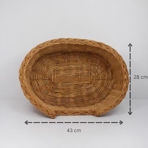 Damian-Wiklina Gemütliches handgeflochtenes Weidenkorb-Tierbett für Hunde und Katzen aus Naturweide, Größe 43 × 28 cm, niedriger Einstieg 10 cm und erhöhter Rücken 14 cm