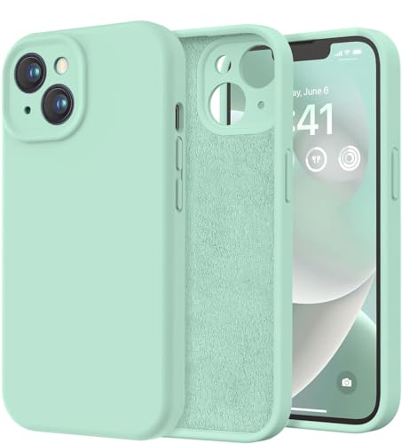 Image of Elzzi Microfiber Square Candy Case Compatible for iPhone 14, Shockproof Slim Back Cover Liquid Silicone Case (Mint)