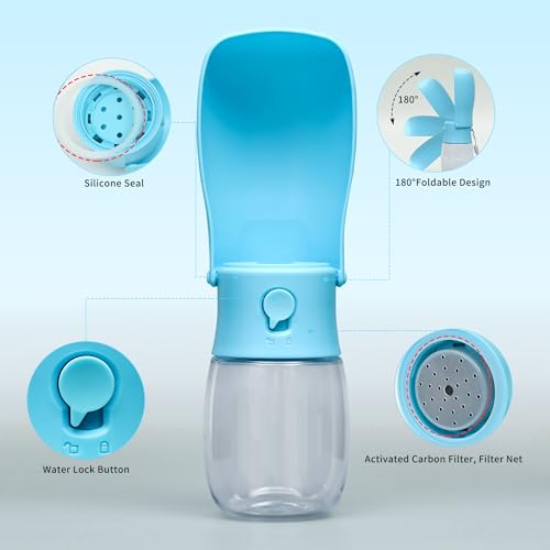 Dog Water Bottle, Leak Proof Portable Puppy Water Dispenser, Travel Puppy Water Bowl, Foldable Transparent Dog Water Bottle for Pets Outdoor Walking, Hiking, Travel, Food Grade Plastic - 10oz Blue — view 2
