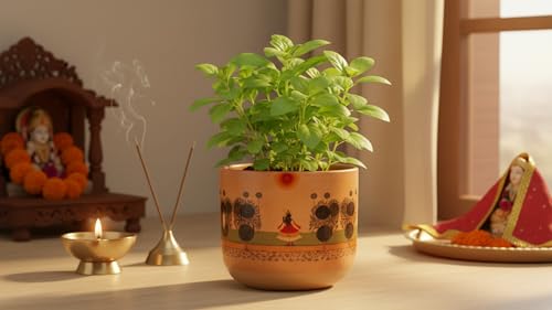Image of Artisanal Pichwai Heritage Terracotta Planter, Glass Finish, Hand Crafted Shrinathji Motif, 11.4x10 cm | Planter Pot for Home Decor | Pooja Ghar Special Edition