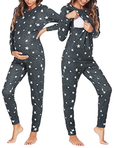 Ekouaer Pigiama Donna Premaman Pigiami maternità Manica Lunga Pigiama Gravidanza Invernale, Stelle Grigio, M