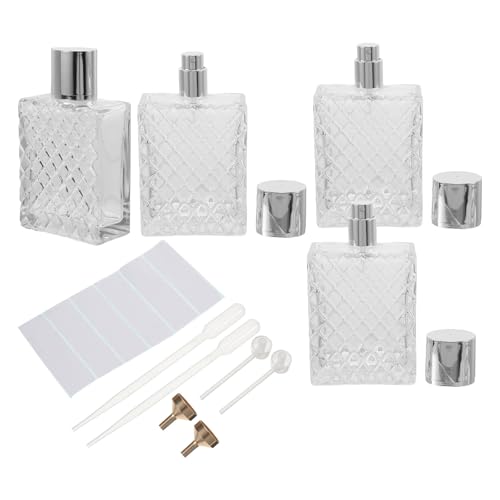 OATIPHO 4 Piezas Botella Pulverizadora Recargable de Viaje 100 Ml de Vidrio Cuadrada con Bomba Dispensadora, Embudo y Etiquetas para Perfume Hecho en Casa y Preservación de Fragancia