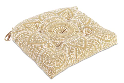 Handmade Cotton Chair Pads Cushions Seat Pad with Ties 16''x16'' for Dinning Kitchen Living Room Chairs Office Chair Bench Thick Reversible Damask Design U Shape (Set of 2) (Mandala Beige)