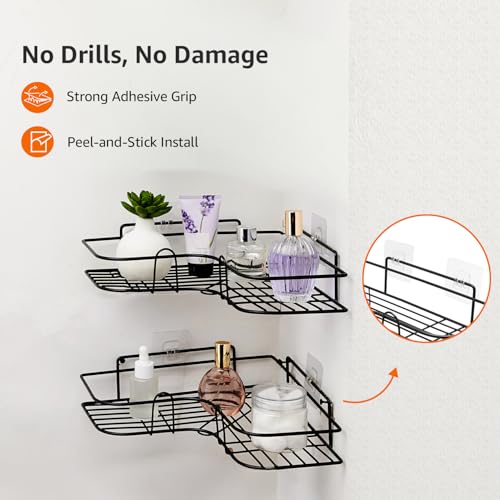 Image of Amazon Basics Self-Adhesive Corner Shelf | No-Drill, Wall-Mounted Organizer for Bathroom, Kitchen & Living Room - Premium Rust Proof GI Metal, 27 x 27 x 6 cm, Black, Pack of 2