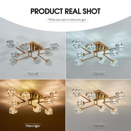 Qgiytp Vintage Gold Semi Flush Mount Ceiling Light 8-Light Glass Sputnik Chandeliers Mid Century Modern Crystal Ceiling Light Fixture for Living Room Dining Room Bedroom Kitchen Foyer by Qgiytp - Image 4